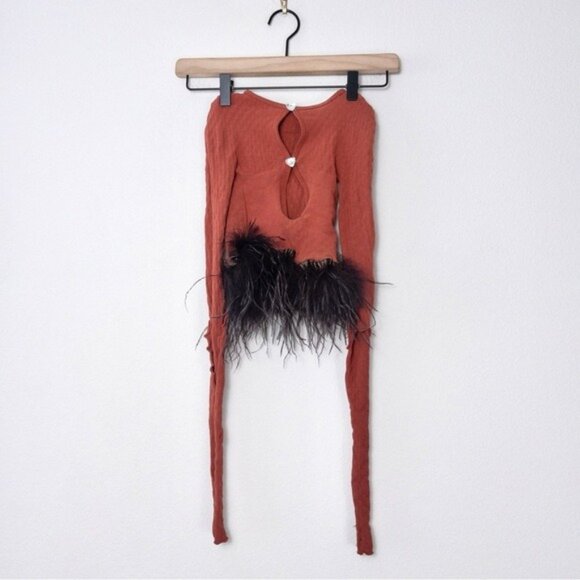 Poster Girl Mira Cutout Top OS Burnt Henna Chocolate Brown Ostrich Feathers Crop - Picture 3 of 7